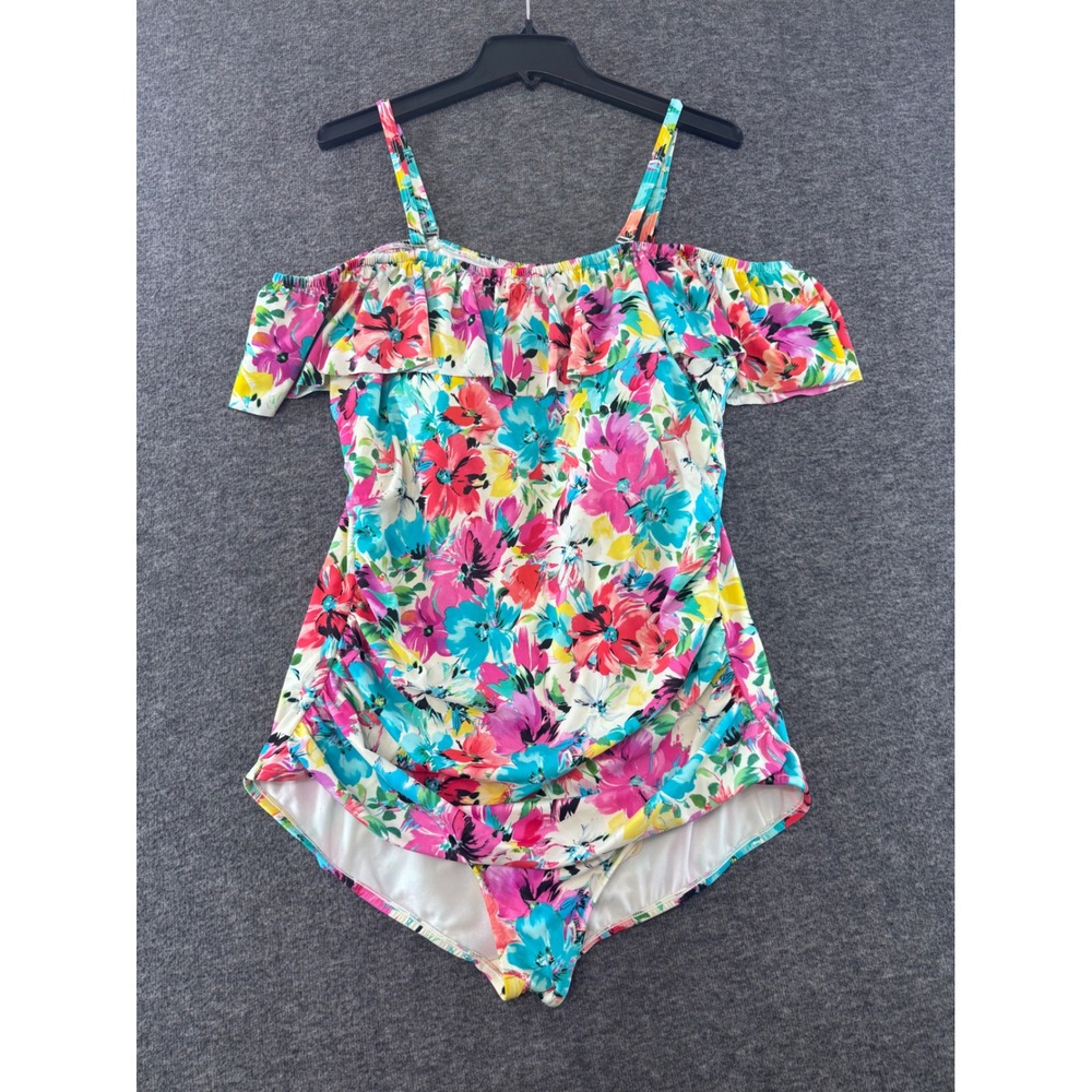 Floral‎ Ruffle Cold Shoulder One Piece Swimsuit Plus Size 20W Multi Color Ruched